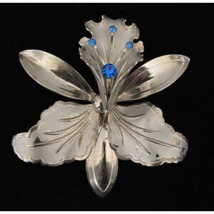 Brooch,Vintage 1960s Orchid Flower, Silver Toned, and Frosted,Blue Rhinestone's